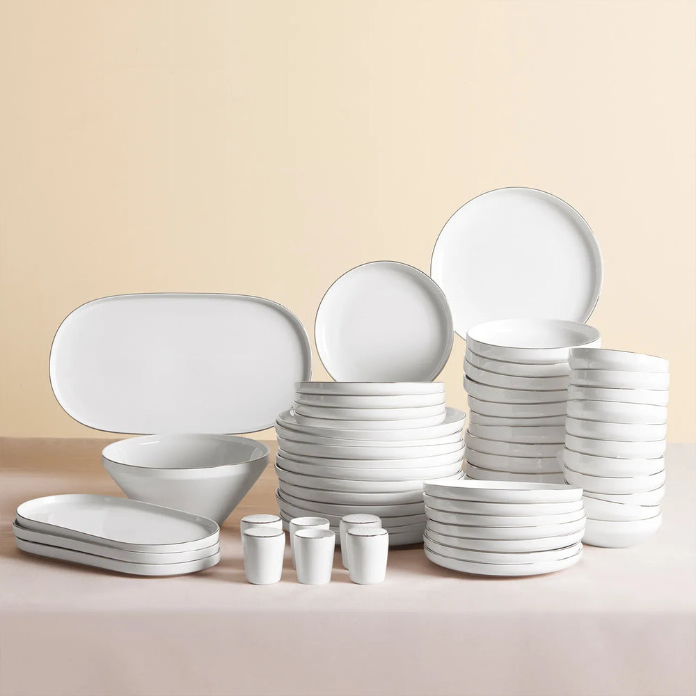 Karaca Red Carpet Collection Stream Bone China New Saturn 59-Piece Dinner Set for 12 People, White Platinum
