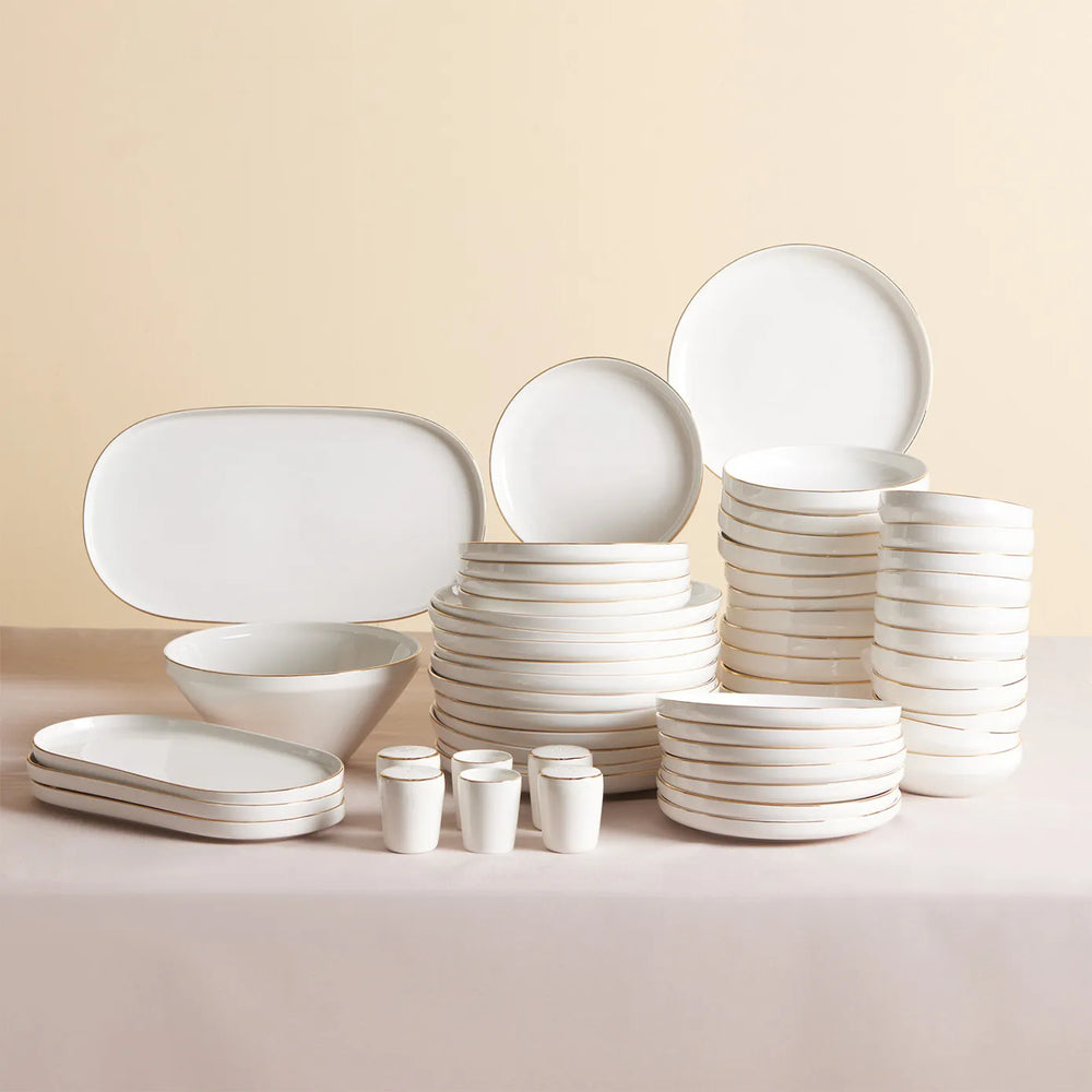 Karaca Red Carpet Collection Stream Bone China New Saturn 59-Piece Dinner Set for 12 People, White Gold