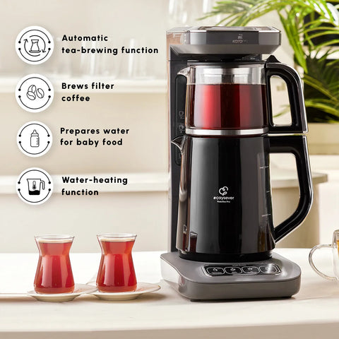 Karaca Caysever Robotea Pro 4 in 1 Talking Automatic Tea Maker Kettle and Filter Coffee Maker, 2500W, Space Grey