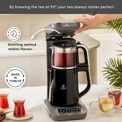 Karaca Caysever Robotea Pro 4 in 1 Talking Automatic Tea Maker Kettle and Filter Coffee Maker, 2500W, Space Grey