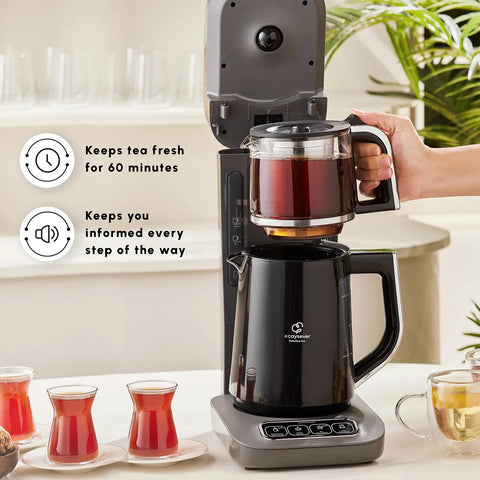 Karaca Caysever Robotea Pro 4 in 1 Talking Automatic Tea Maker Kettle and Filter Coffee Maker, 2500W, Space Grey