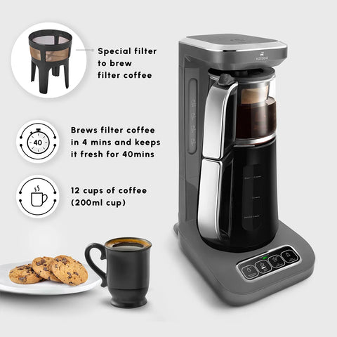 Karaca Caysever Robotea Pro 4 in 1 Talking Automatic Tea Maker Kettle and Filter Coffee Maker, 2500W, Space Grey
