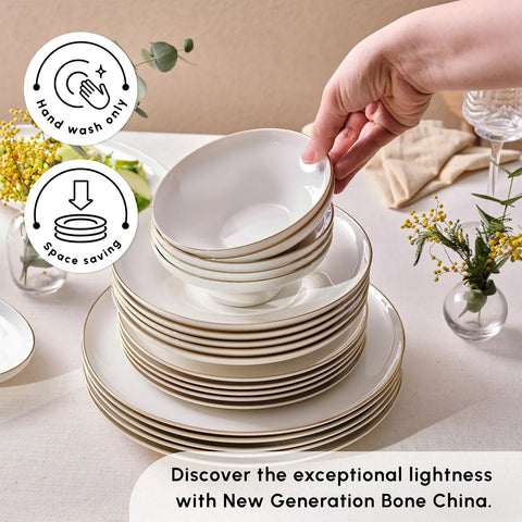 Karaca Streamline Nefeli 56-Piece Bone China Dinner Set for 12 People, Gold