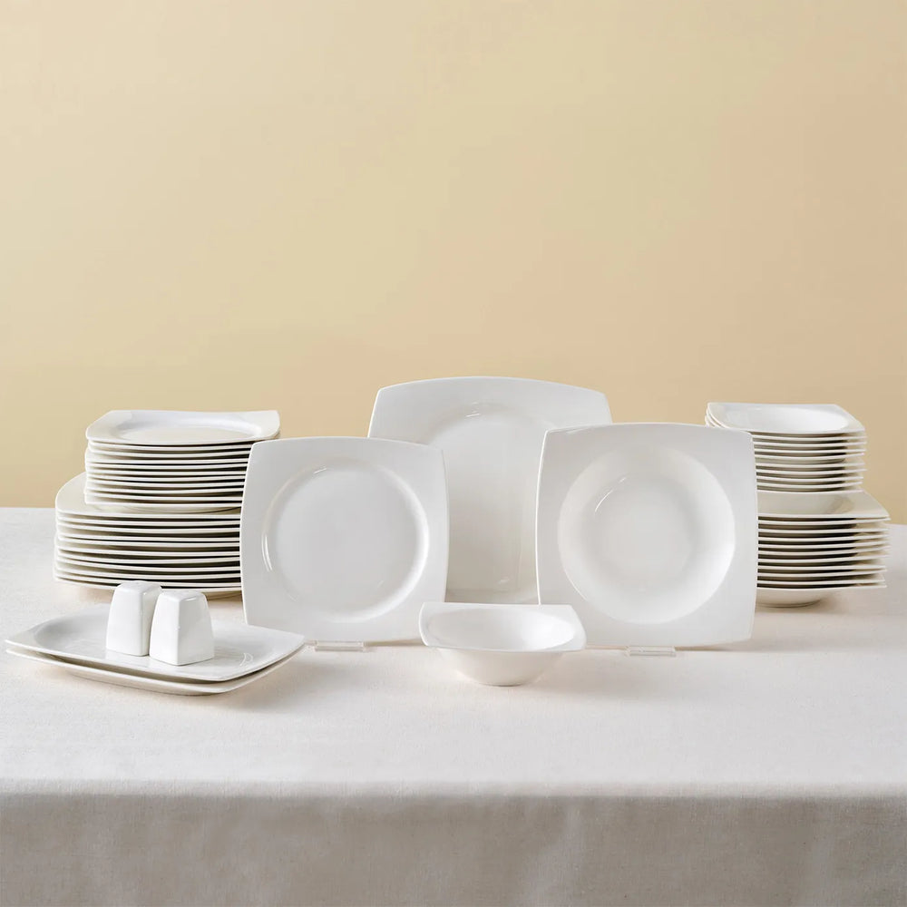 Karaca Square Bone China Jamie 52-Piece Dinner Set for 12 People, White