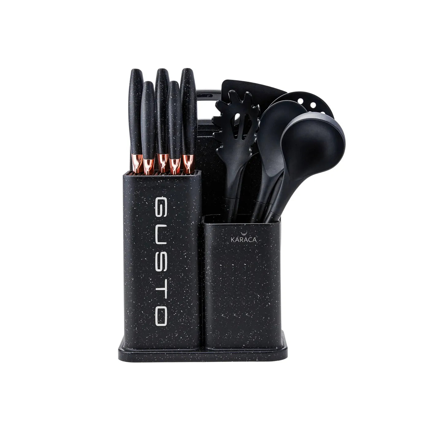 Karaca Gusto 10 Piece Knife Block Set, Chopping Board and Kitchen Utensil Set, Black