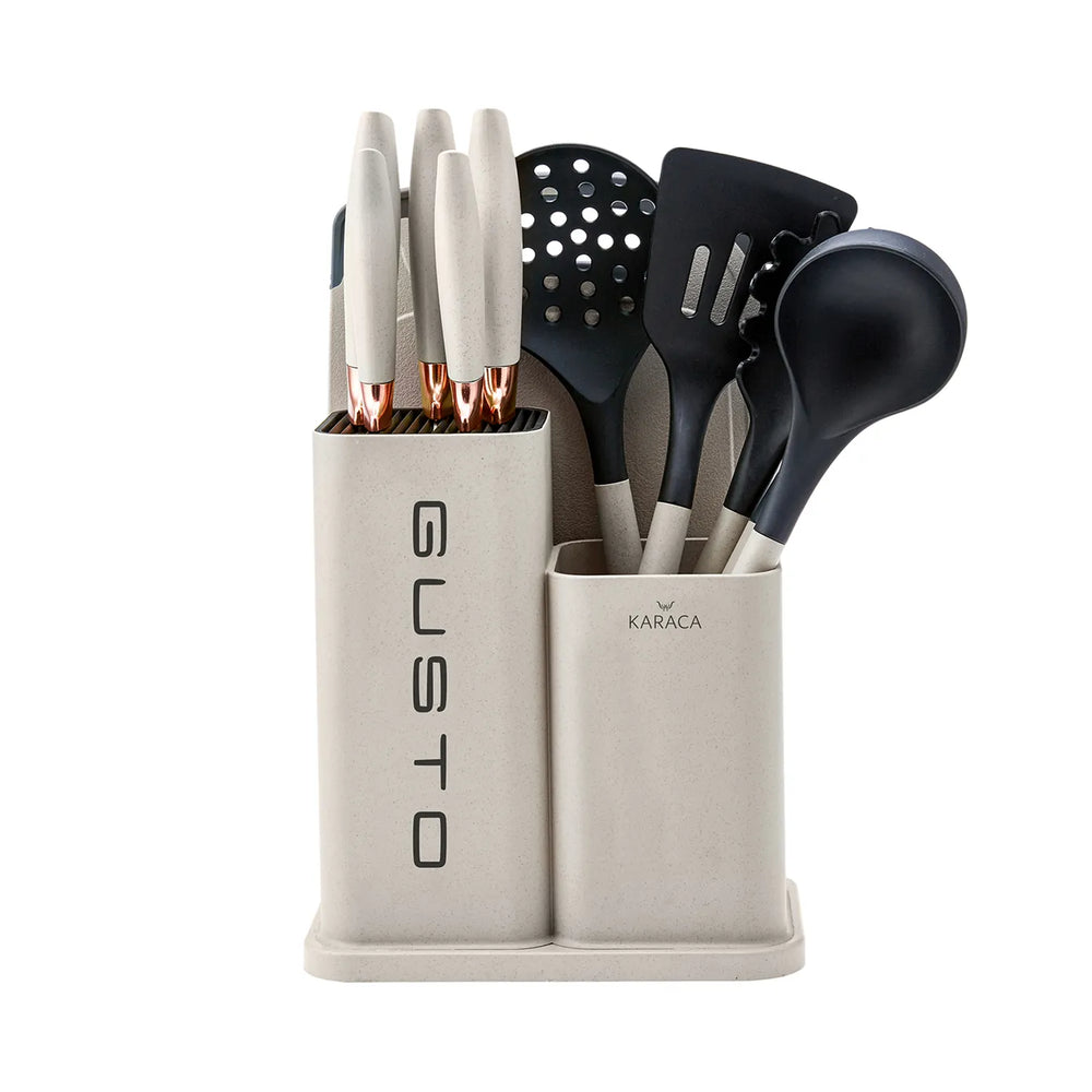 Karaca Gusto 12-Piece Knife Block Set, Chopping Board and Kitchen Utensil Set, Cream