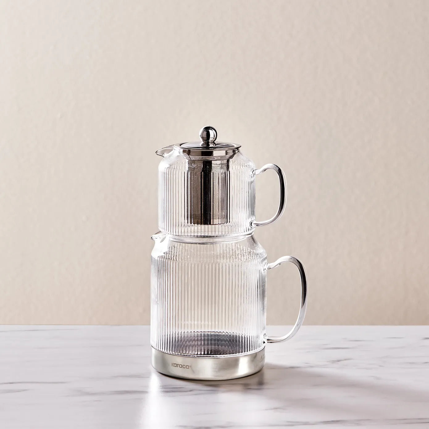 Karaca Kelly Borosilicate Glass Induction Teapot Set, Medium, Silver