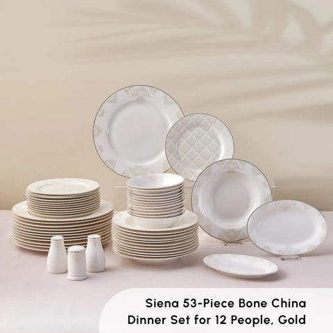 Karaca Elegance Bone China Siena 53-Piece Dinner Set for 12 People, Gold