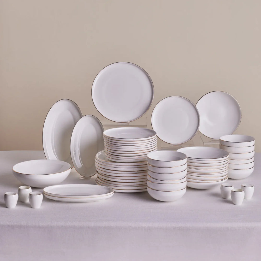 Karaca Stream Bone China New Meridian 59-Piece Dinner Set for 12 People, White Gold