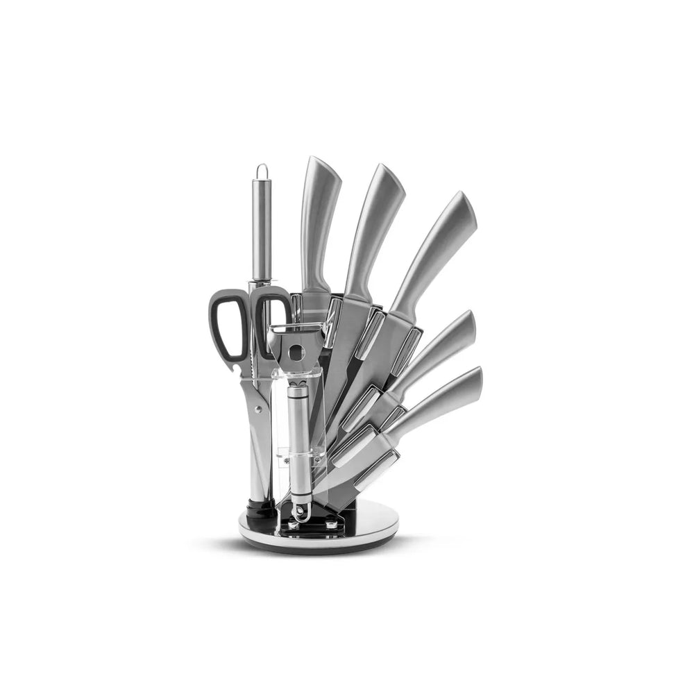 Karaca Meister Bremen 9-Piece German Stainless Steel Knife Set with Stand, Silver