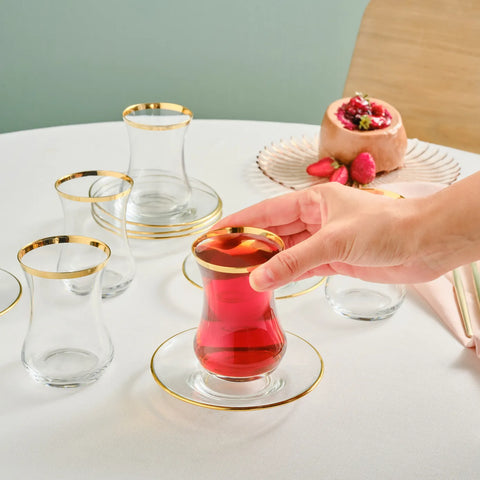 Karaca Sydney 12-Piece Glass Turkish Tea Set for People, Gold