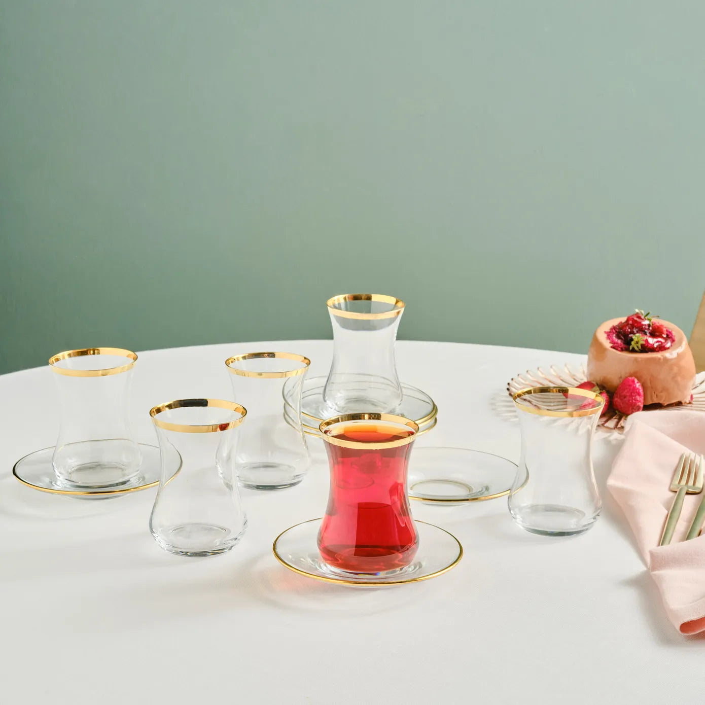 Karaca Zeher Blue Turkish Tea Set For 6 - 12 Pieces, 6 Glass Cups & Stoneware Saucers, 160ml