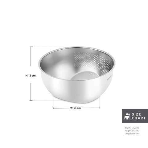 Karaca Flow Stainless Steel Washing Bowl with Integrated Strainer, 24cm, Silver
