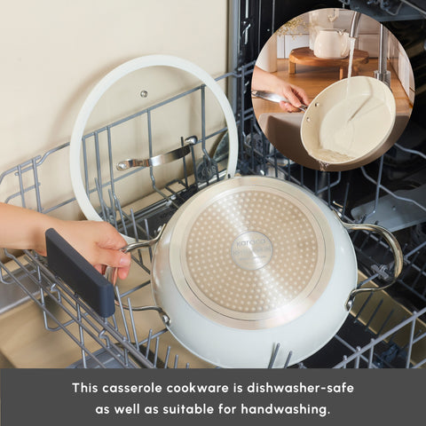 Karaca Swiss Crystal Almond Cream Non-Stick Induction Stainless Steel Handle Shallow Casserole & Lid, 26cm, Cream