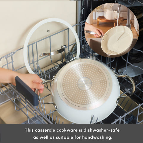 Karaca Swiss Crystal Almond Cream Non-Stick Induction Stainless Steel Handle Casserole & Lid, 14cm, Cream