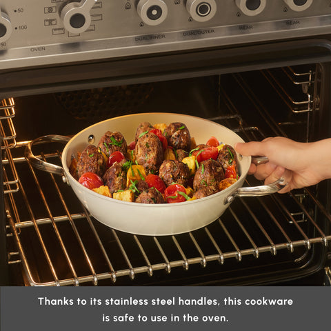 Karaca Swiss Crystal Almond Cream Non-Stick Induction Stainless Steel Handle Casserole & Lid, 20cm, Cream