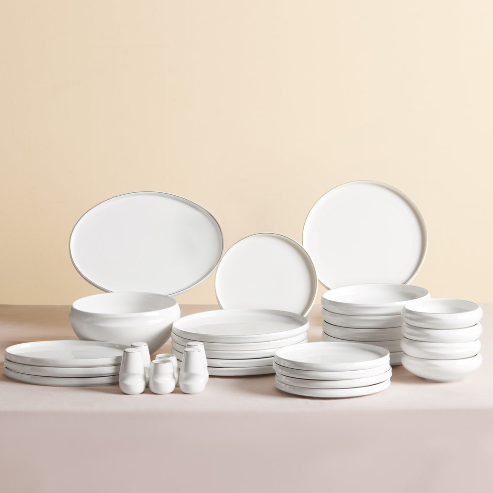 Karaca Red Carpet Collection Stream Bone China New Sunset 59-Piece Dinner Set for 12 People, Platinum White