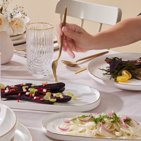 Karaca Stream Bone China Favaro 53-Piece Dinner Set for 12 People, Gold