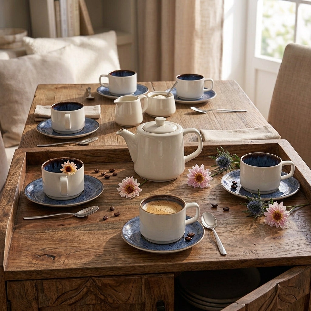 Karaca Sotra 12-Piece Reactive Glaze Tea Cup and Saucer Set for 6 Peop