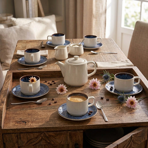 Karaca Sotra 12-Piece Reactive Glaze Tea Cup and Saucer Set for 6 People, 225ml, Multi