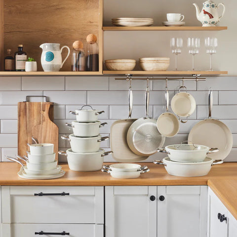 Karaca Swiss Crystal Almond Cream Non-Stick Induction Stainless Steel Handle Shallow Pan, 20cm, Cream