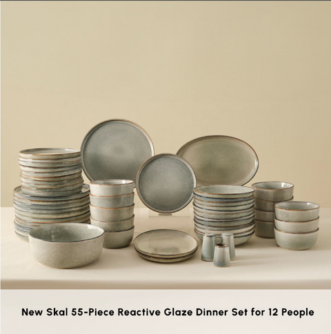 Karaca Earth Collection Skal 55-Piece Stoneware Dinner Set for 12 People, Grey