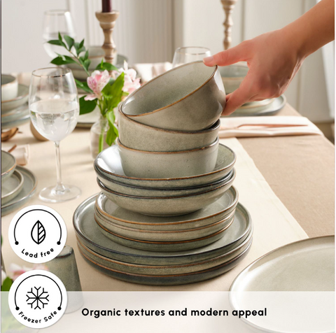Karaca Earth Collection Skal 55-Piece Stoneware Dinner Set for 12 People, Grey