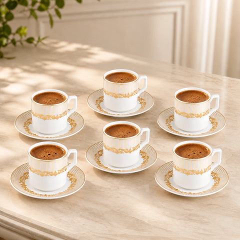 Karaca Vildan 12-Piece Bone China Espresso Turkish Coffee Cup Set for 6 People, 100ml, Gold