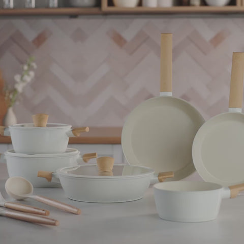 Karaca Swiss Crystal Almond Cream 12-Piece Non-Stick Induction Ceramic Cookware Set, Cream