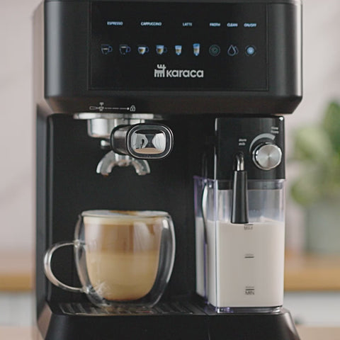 Karaca MyCaffe Barista S10 Espresso, Latte & Cappuccino Coffee Machine with Integrated Milk Tank, 1,8L, 1350W, Walnut Brown