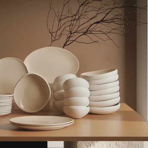 Karaca Red Carpet Earth Collection New Cupid 59-Piece Dinner Set for 12 People, Beige White