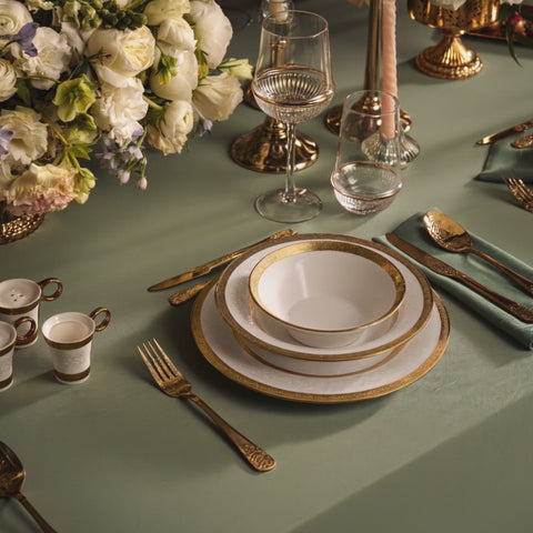 Karaca Royal Bone China Victoria 55-Piece Dinner Set for 12 People, Gold